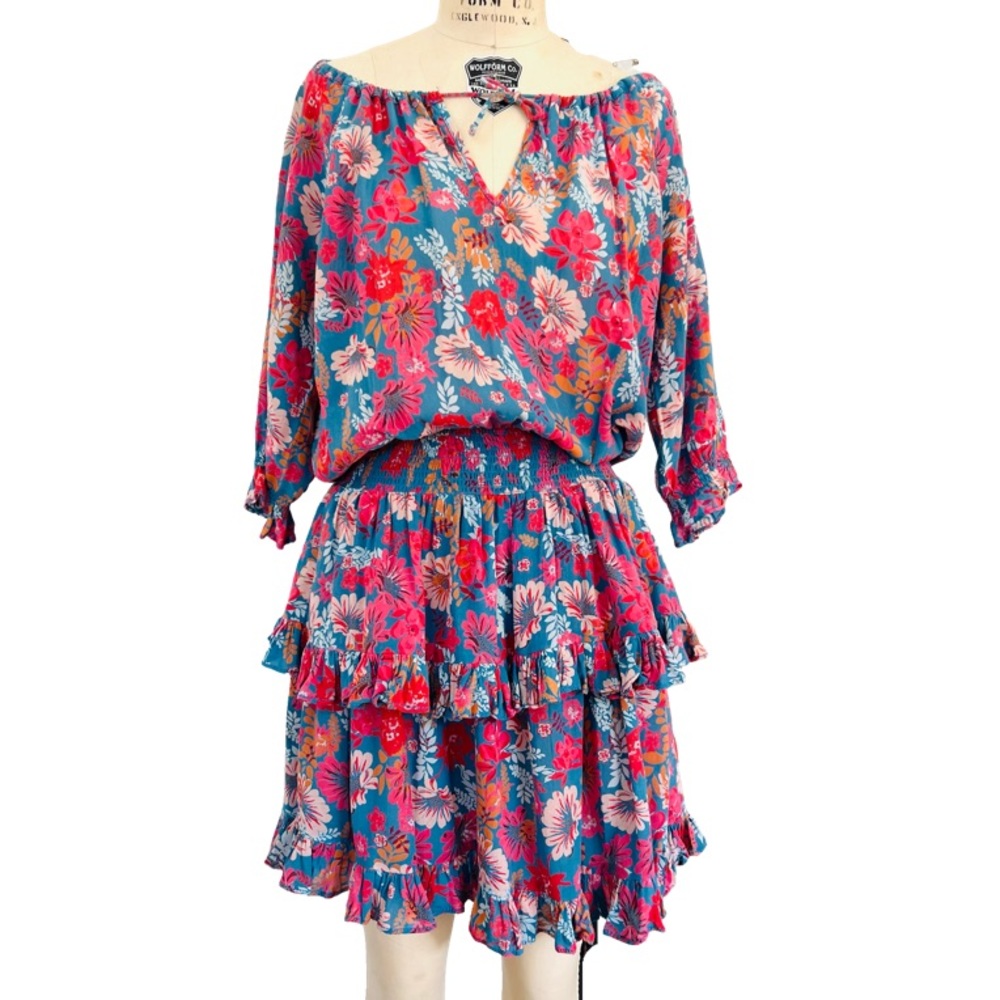 BY TIMO Blouson Ruffle Mini Dress in Floral Blue Size S